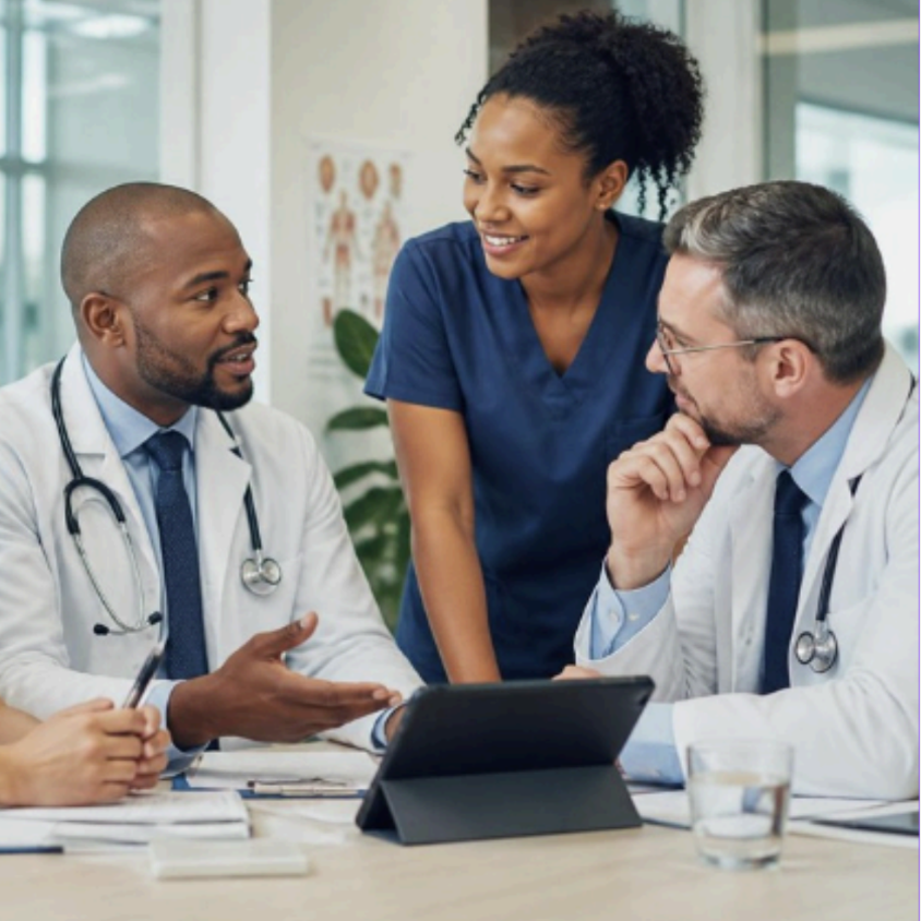 Three healthcare professionals discussing work around a tablet at a table