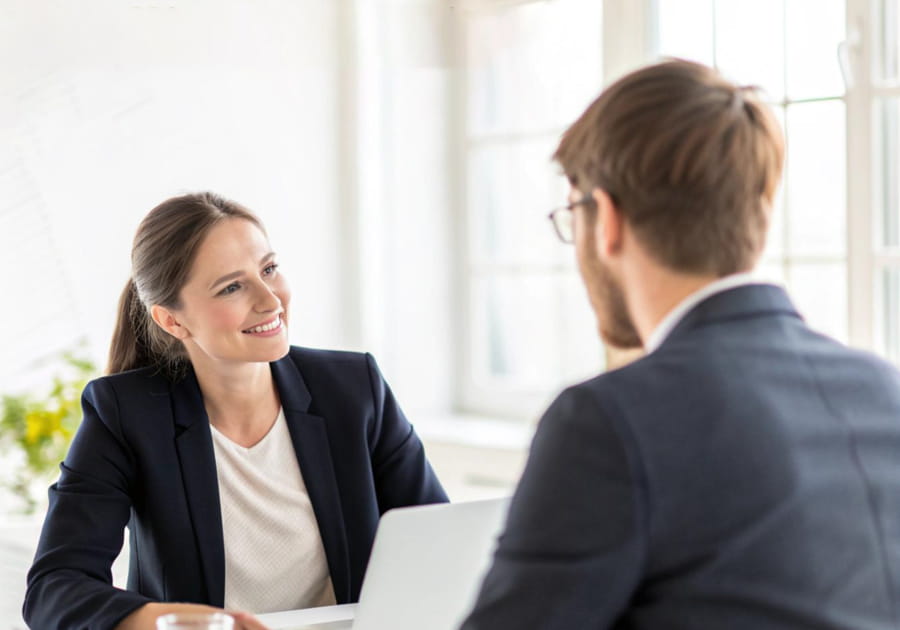 Woman and man talking in an interview