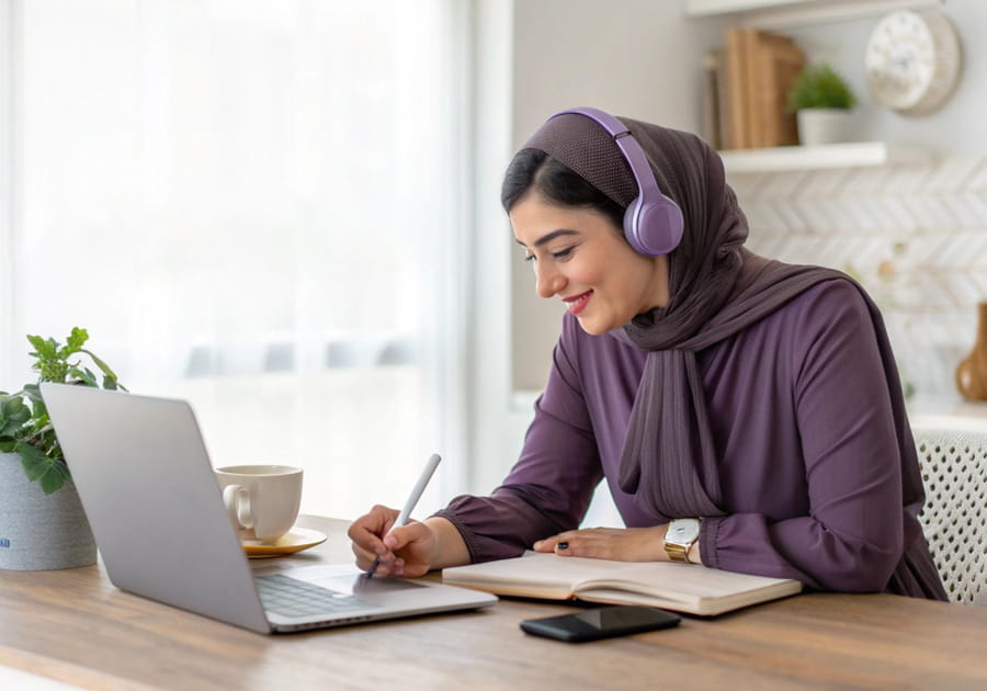 Girl wearing hijab learning online