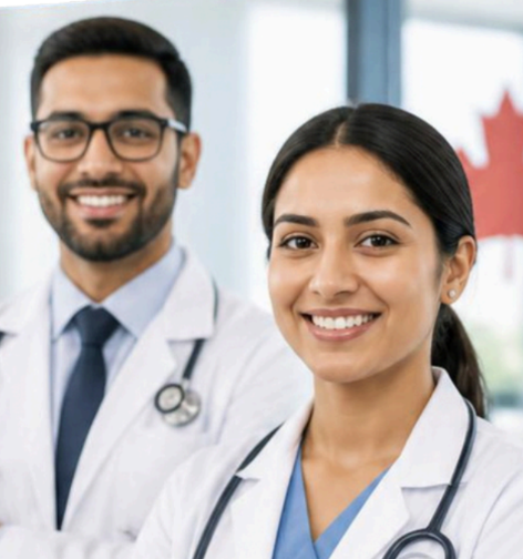 Smiling male and female doctors with stethoscopes standing side by side